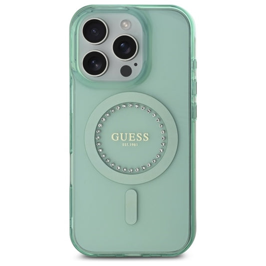 Funda MagSafe para Apple iPhone 16 Pro, Guess, IML Rhinestone, Verde