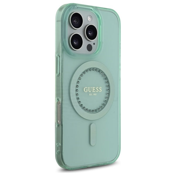 Funda MagSafe para Apple iPhone 16 Pro, Guess, IML Rhinestone, Verde