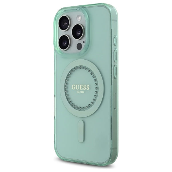 Funda MagSafe para Apple iPhone 16 Pro, Guess, IML Rhinestone, Verde