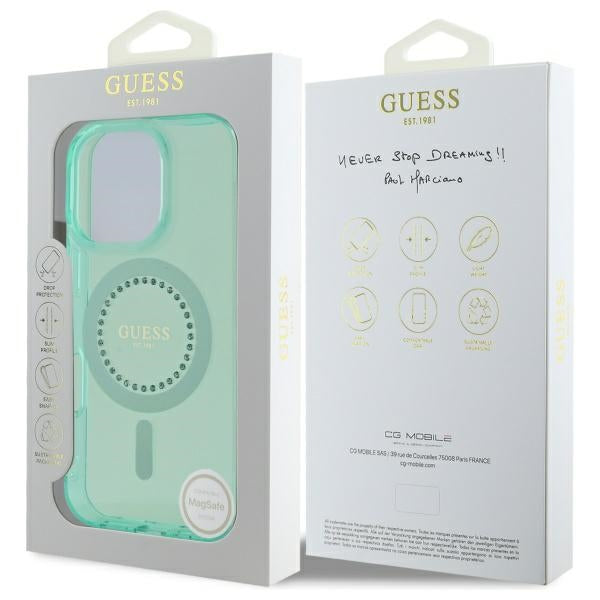 Funda MagSafe para Apple iPhone 16 Pro, Guess, IML Rhinestone, Verde