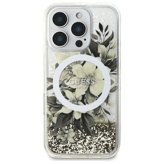 Funda MagSafe para Apple iPhone 16 Pro, Guess, Liquid Glitter Flower, Beige