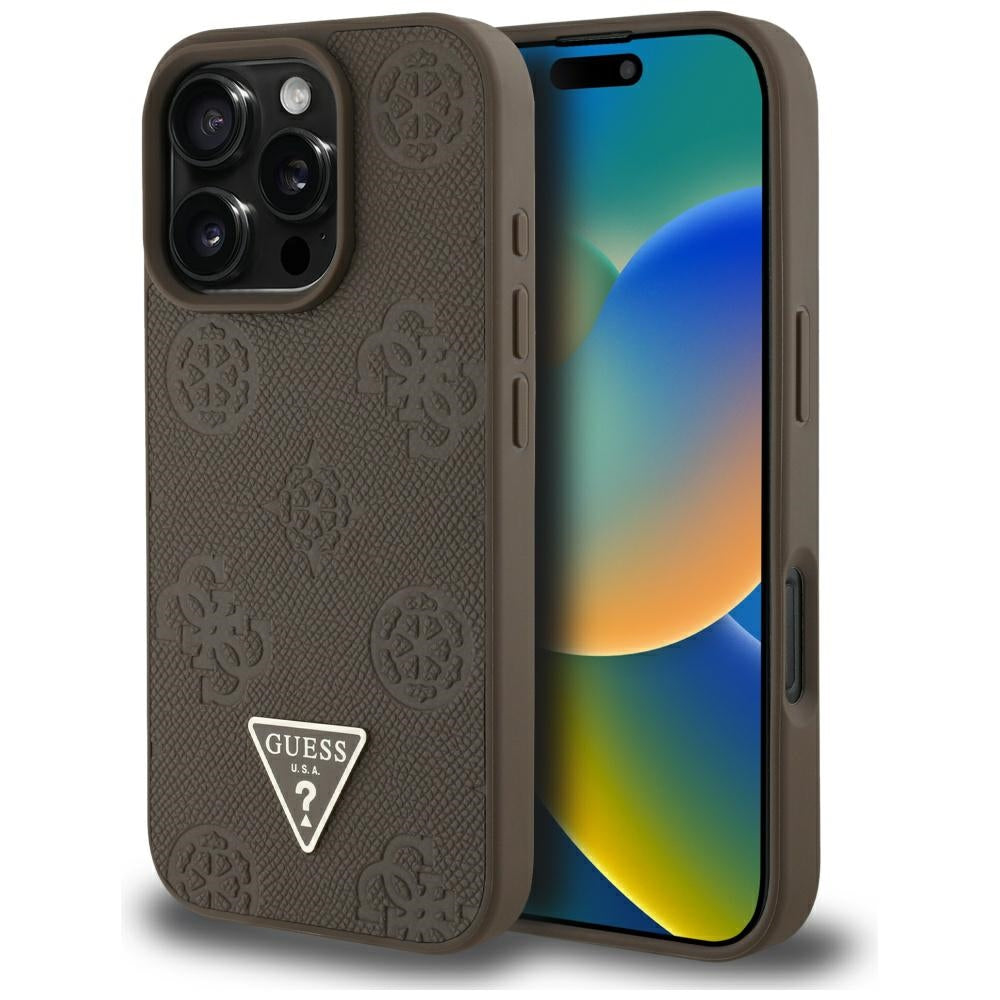 Funda MagSafe para Apple iPhone 16 Pro, Guess, Peony Grained Hot Stamp Triangle, Marrón