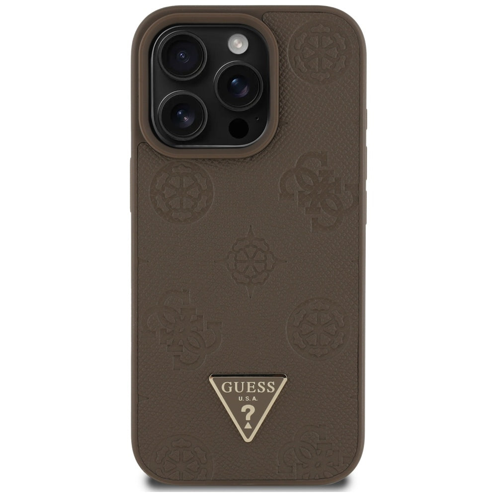 Funda MagSafe para Apple iPhone 16 Pro, Guess, Peony Grained Hot Stamp Triangle, Marrón