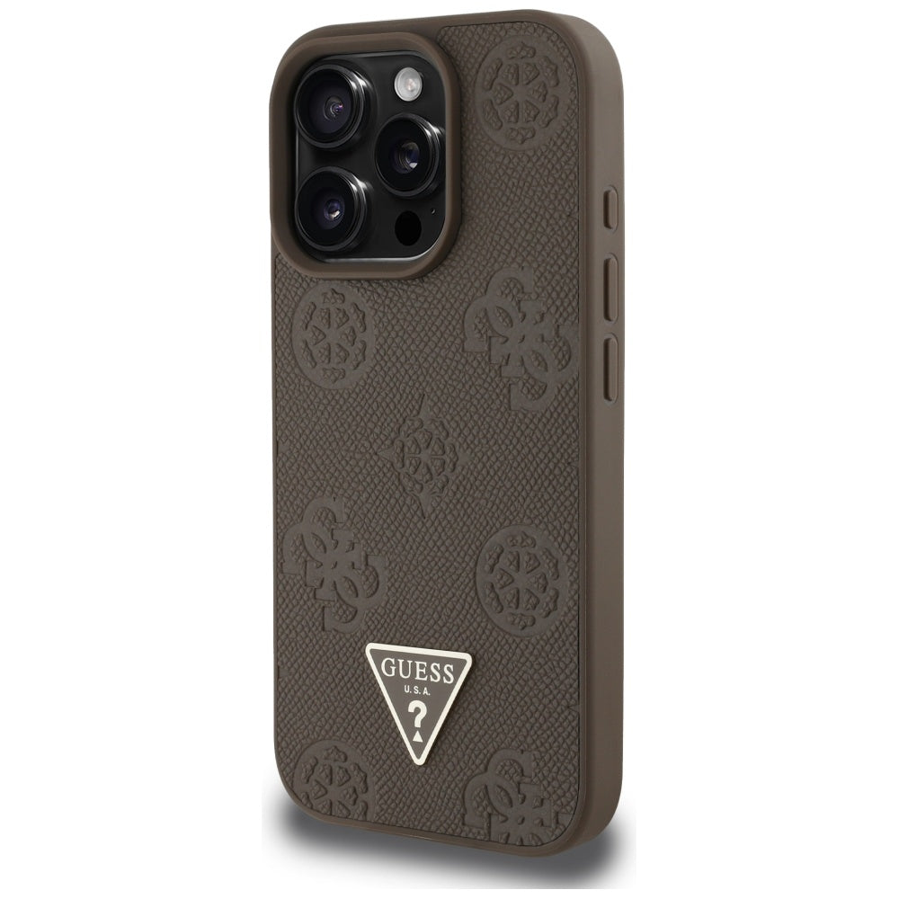 Funda MagSafe para Apple iPhone 16 Pro, Guess, Peony Grained Hot Stamp Triangle, Marrón