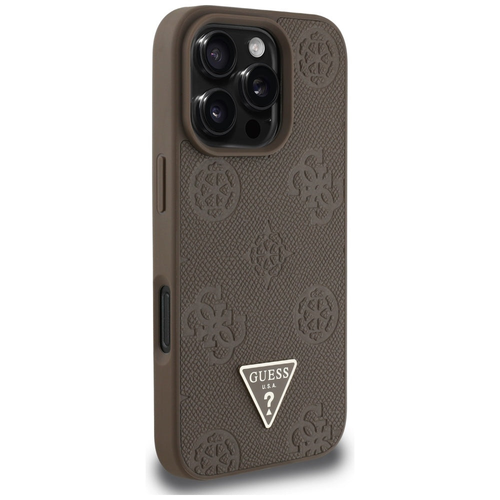 Funda MagSafe para Apple iPhone 16 Pro, Guess, Peony Grained Hot Stamp Triangle, Marrón
