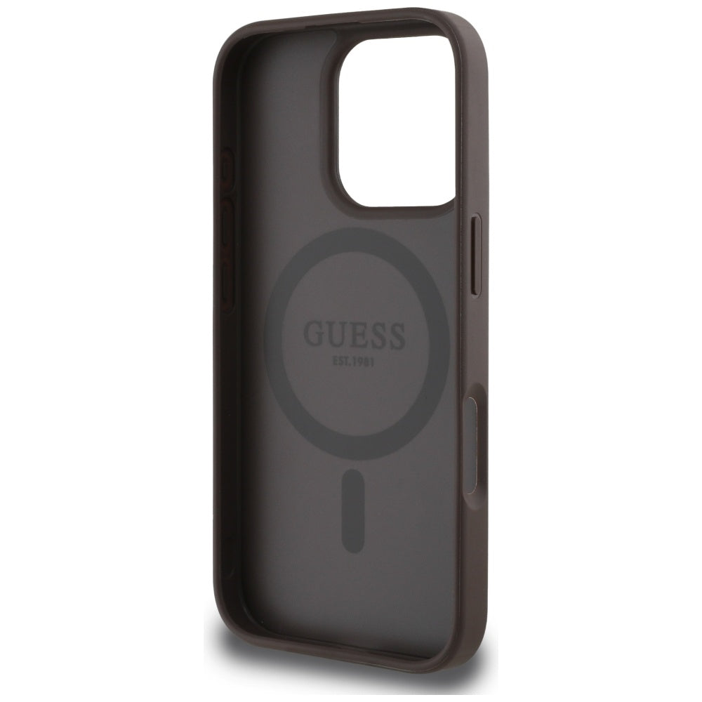 Funda MagSafe para Apple iPhone 16 Pro, Guess, Peony Grained Hot Stamp Triangle, Marrón