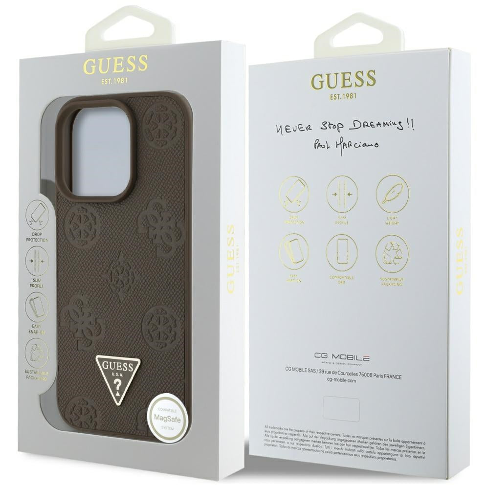Funda MagSafe para Apple iPhone 16 Pro, Guess, Peony Grained Hot Stamp Triangle, Marrón