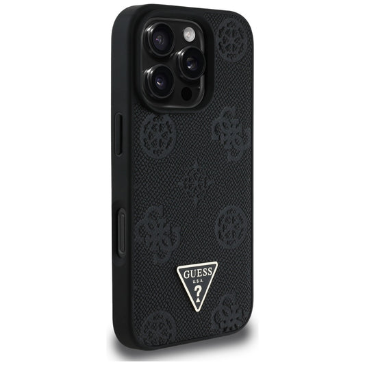 Funda MagSafe para Apple iPhone 16 Pro, Guess, Peony Grained Hot Stamp Triangle, Negra