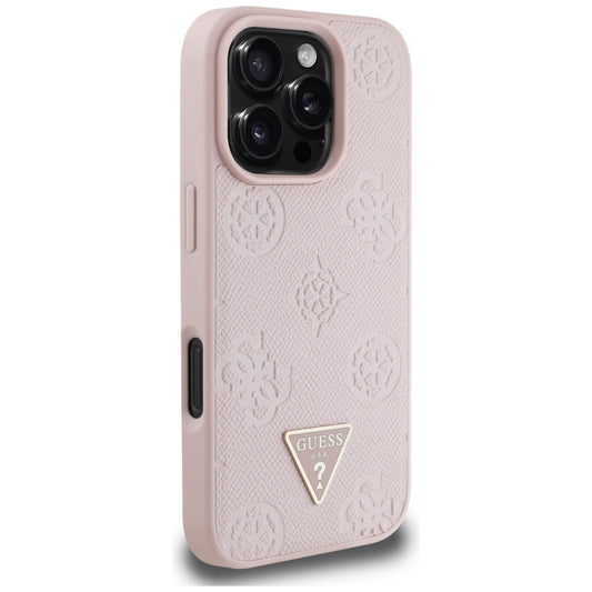 Funda MagSafe para Apple iPhone 16 Pro, Guess, Peony Grained Hot Stamp Triangle, Rosa