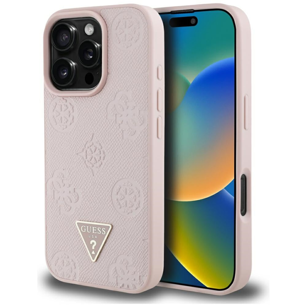 Funda MagSafe para Apple iPhone 16 Pro, Guess, Peony Grained Hot Stamp Triangle, Rosa