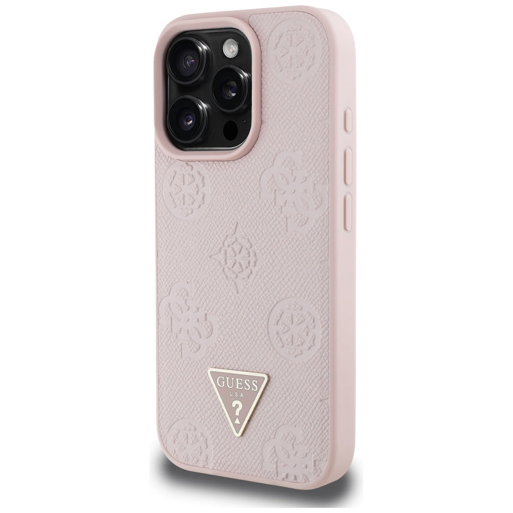 Funda MagSafe para Apple iPhone 16 Pro, Guess, Peony Grained Hot Stamp Triangle, Rosa