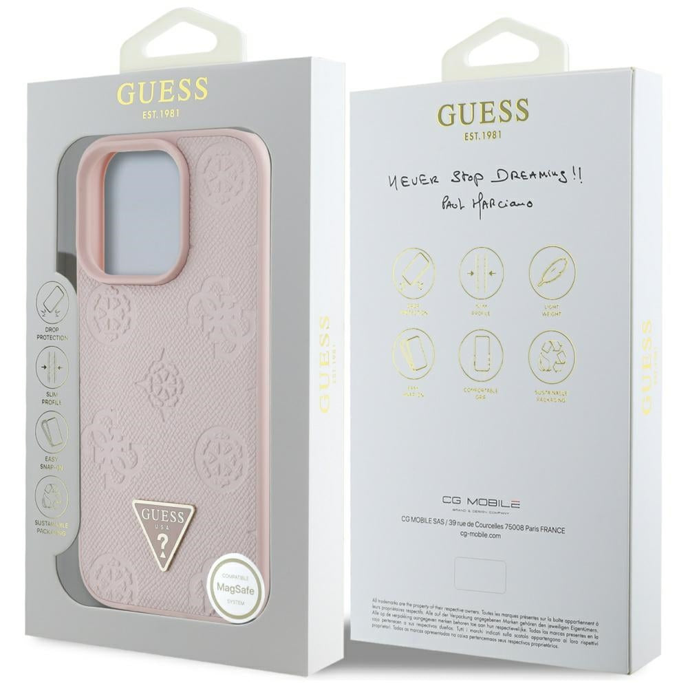Funda MagSafe para Apple iPhone 16 Pro, Guess, Peony Grained Hot Stamp Triangle, Rosa