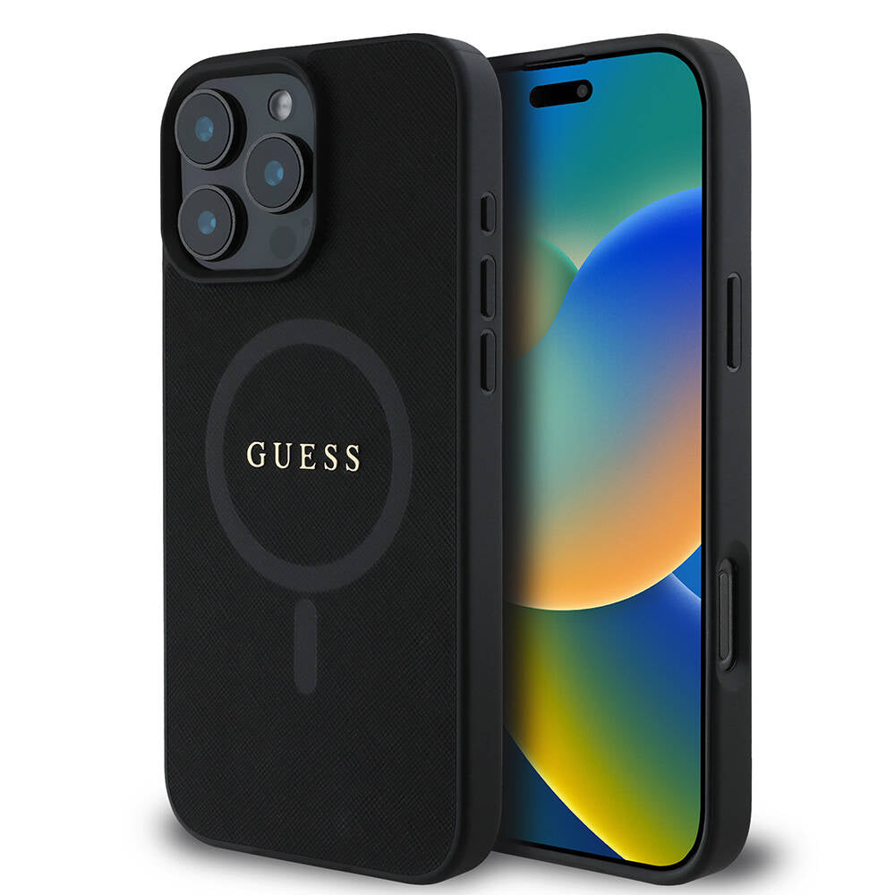 Funda MagSafe para Apple iPhone 16 Pro, Guess, Saffiano Classic Logo, Negra