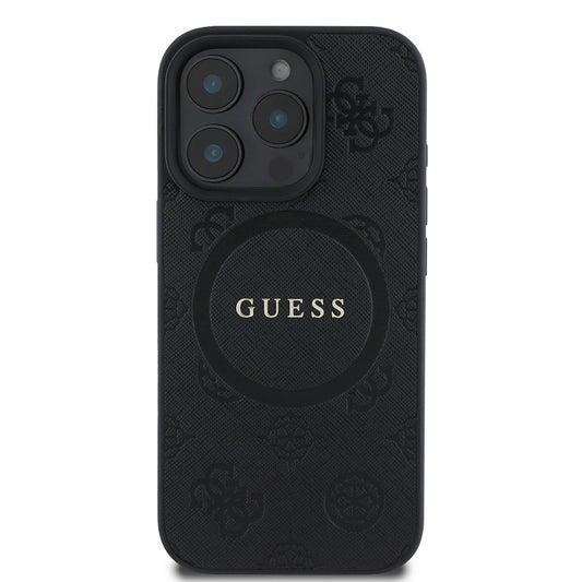 Funda MagSafe para Apple iPhone 16 Pro, Guess, Saffiano Peony Classic Logo, Negra