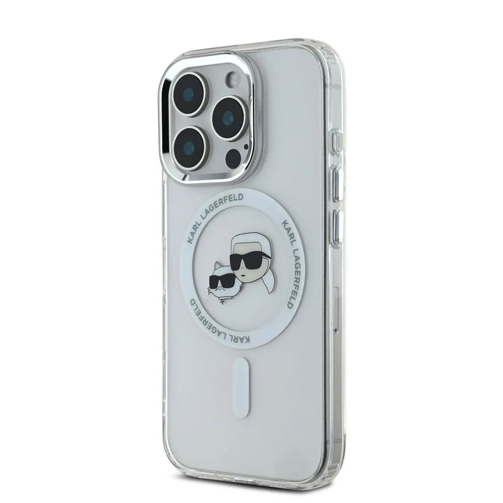 Funda MagSafe para Apple iPhone 16 Pro, Karl Lagerfeld, IML Metal Karl & Choupette's Heads, Blanca.