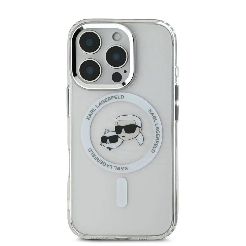 Funda MagSafe para Apple iPhone 16 Pro, Karl Lagerfeld, IML Metal Karl & Choupette's Heads, Blanca.