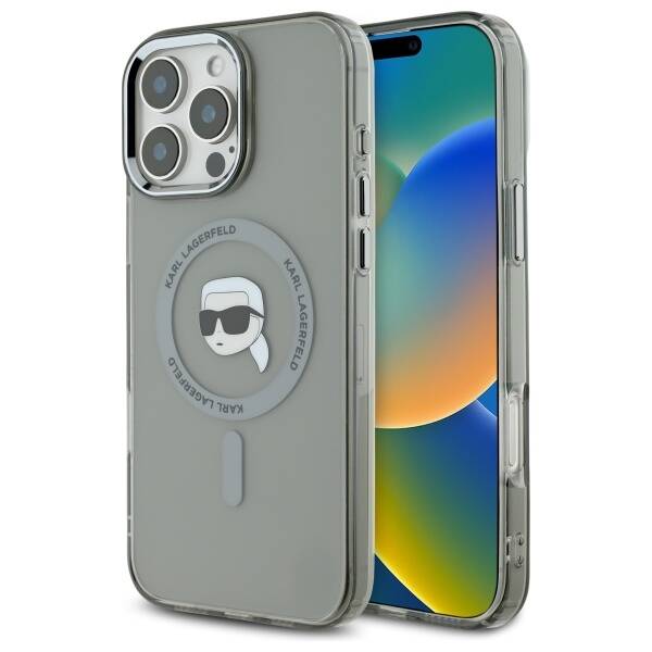 Funda MagSafe para Apple iPhone 16 Pro, Karl Lagerfeld, IML Metal Karl's Head, Negra