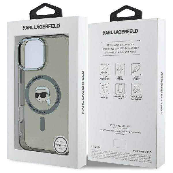 Funda MagSafe para Apple iPhone 16 Pro, Karl Lagerfeld, IML Metal Karl's Head, Negra