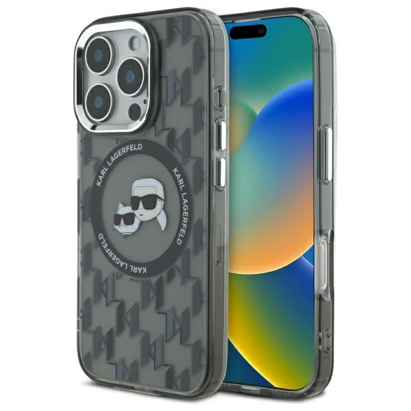 Funda MagSafe para Apple iPhone 16 Pro, Karl Lagerfeld, IML Monograma Karl & Cabezas de Choupette, Negra.