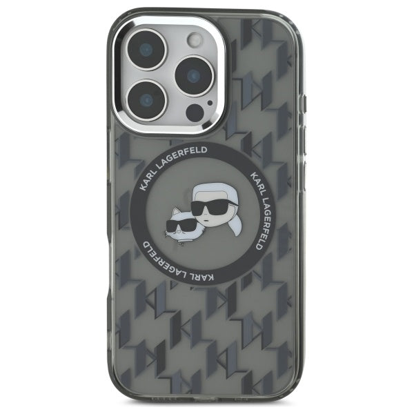 Funda MagSafe para Apple iPhone 16 Pro, Karl Lagerfeld, IML Monograma Karl & Cabezas de Choupette, Negra.