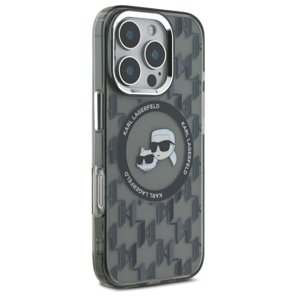 Funda MagSafe para Apple iPhone 16 Pro, Karl Lagerfeld, IML Monograma Karl & Cabezas de Choupette, Negra.