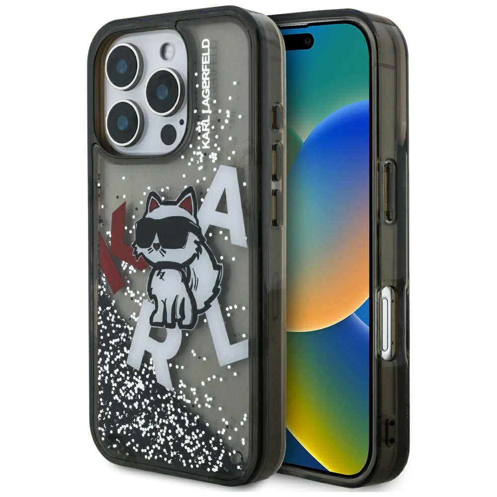 Funda MagSafe para Apple iPhone 16 Pro, Karl Lagerfeld, Liquid Glitter Choupette Logo, Negra