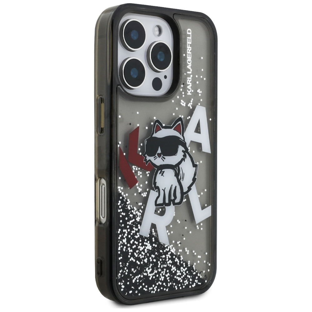 Funda MagSafe para Apple iPhone 16 Pro, Karl Lagerfeld, Liquid Glitter Choupette Logo, Negra