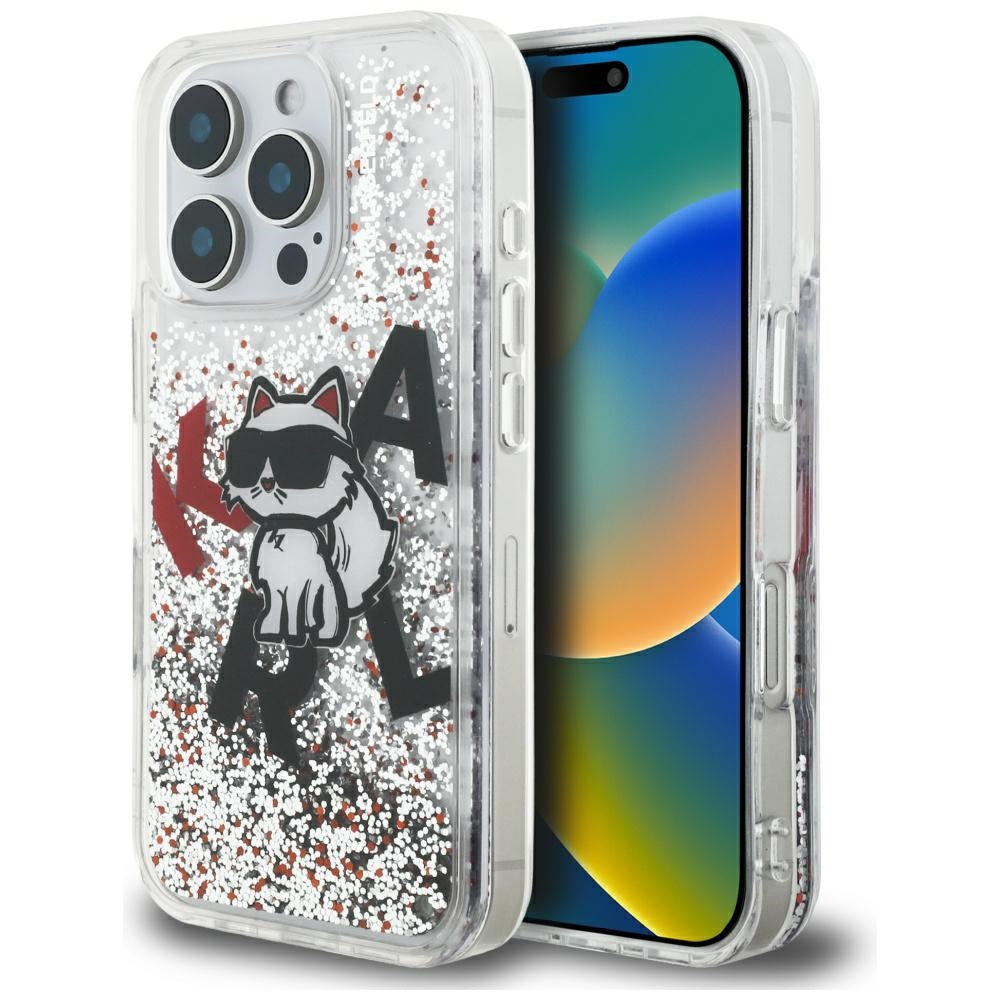 Funda MagSafe para Apple iPhone 16 Pro, Karl Lagerfeld, Liquid Glitter Choupette Logo, Transparente