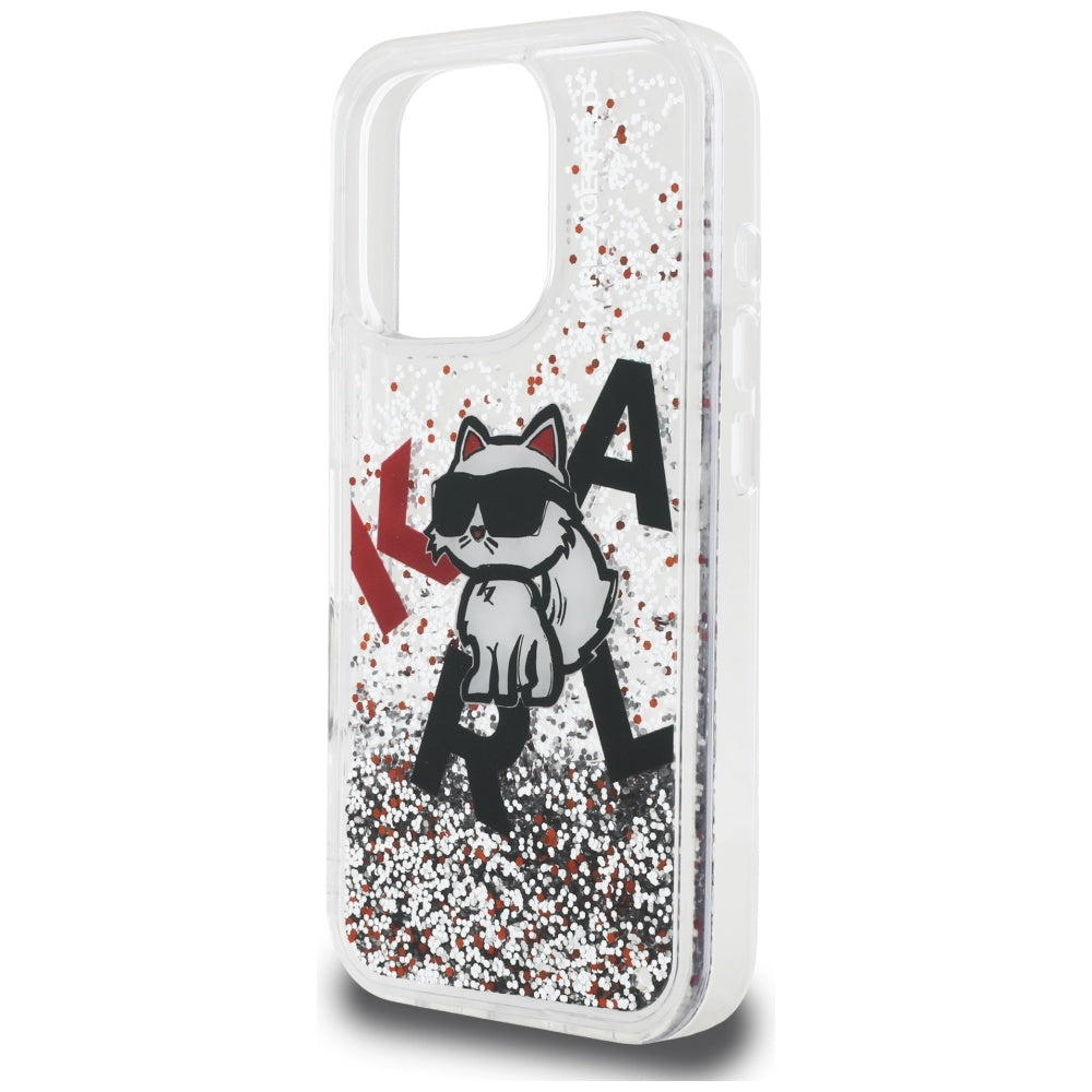 Funda MagSafe para Apple iPhone 16 Pro, Karl Lagerfeld, Liquid Glitter Choupette Logo, Transparente
