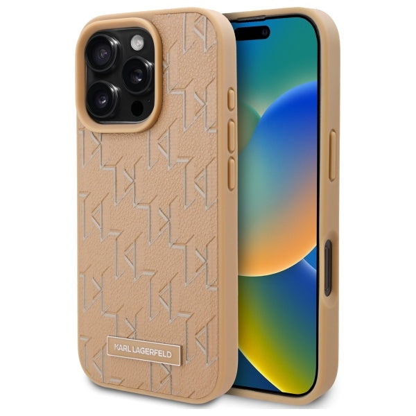 Funda MagSafe para Apple iPhone 16 Pro, Karl Lagerfeld, Monogram Metal Logo, Beige