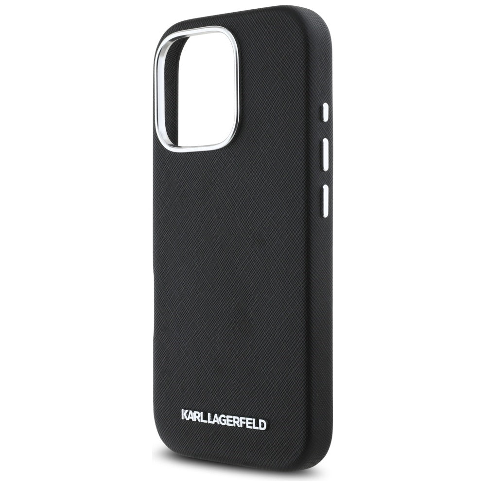 MagSafe Case for Apple iPhone 16 Pro, Karl Lagerfeld, Saffiano Full Wrapped Elongated Metal Logo, Black