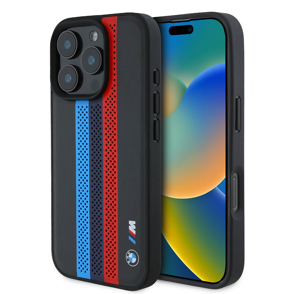 Funda MagSafe para Apple iPhone 16 Pro Max, BMW, Perforated M Perf. Tricolor Stripers, Negra
