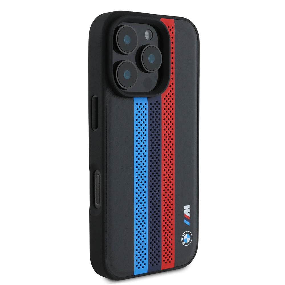 Funda MagSafe para Apple iPhone 16 Pro Max, BMW, Perforated M Perf. Tricolor Stripers, Negra