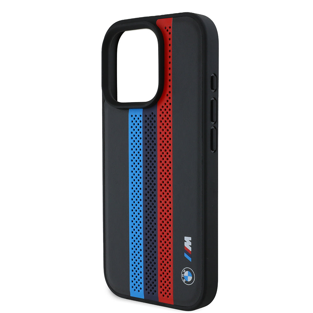 Funda MagSafe para Apple iPhone 16 Pro Max, BMW, Perforated M Perf. Tricolor Stripers, Negra