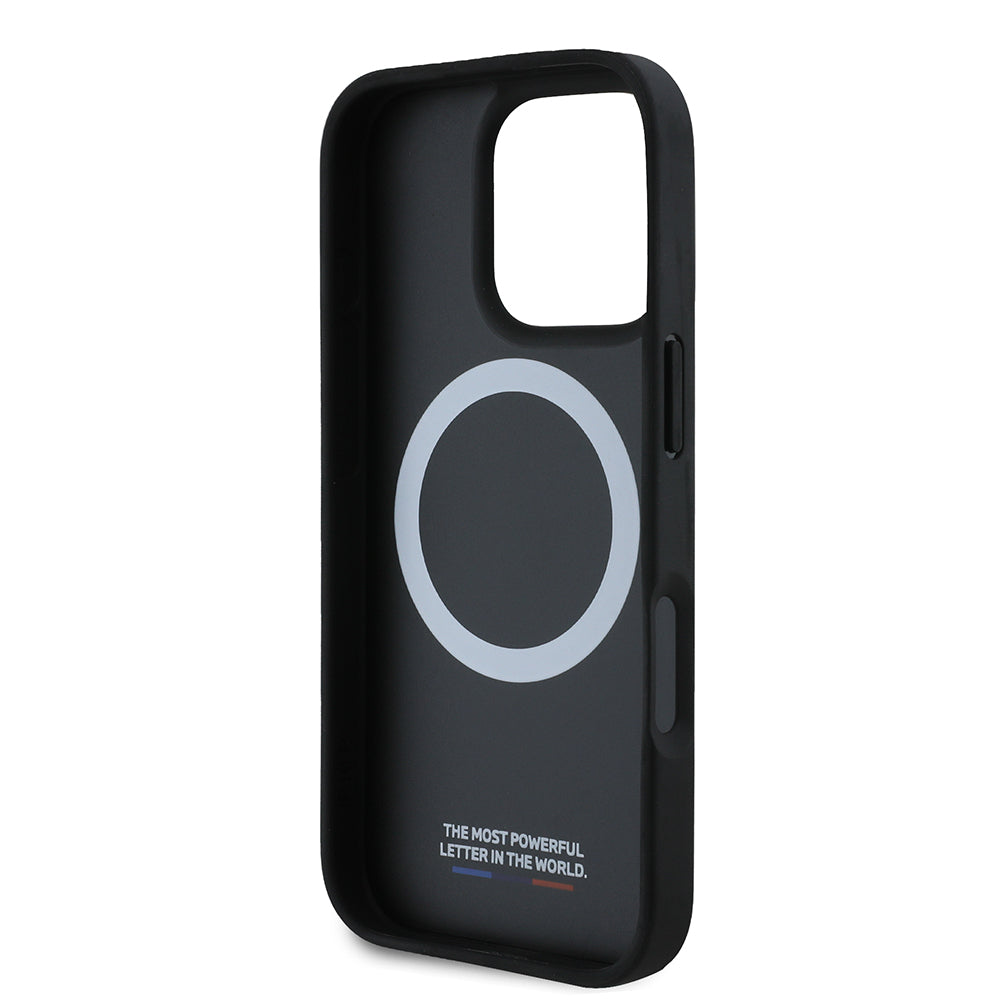 Funda MagSafe para Apple iPhone 16 Pro Max, BMW, Perforated M Perf. Tricolor Stripers, Negra