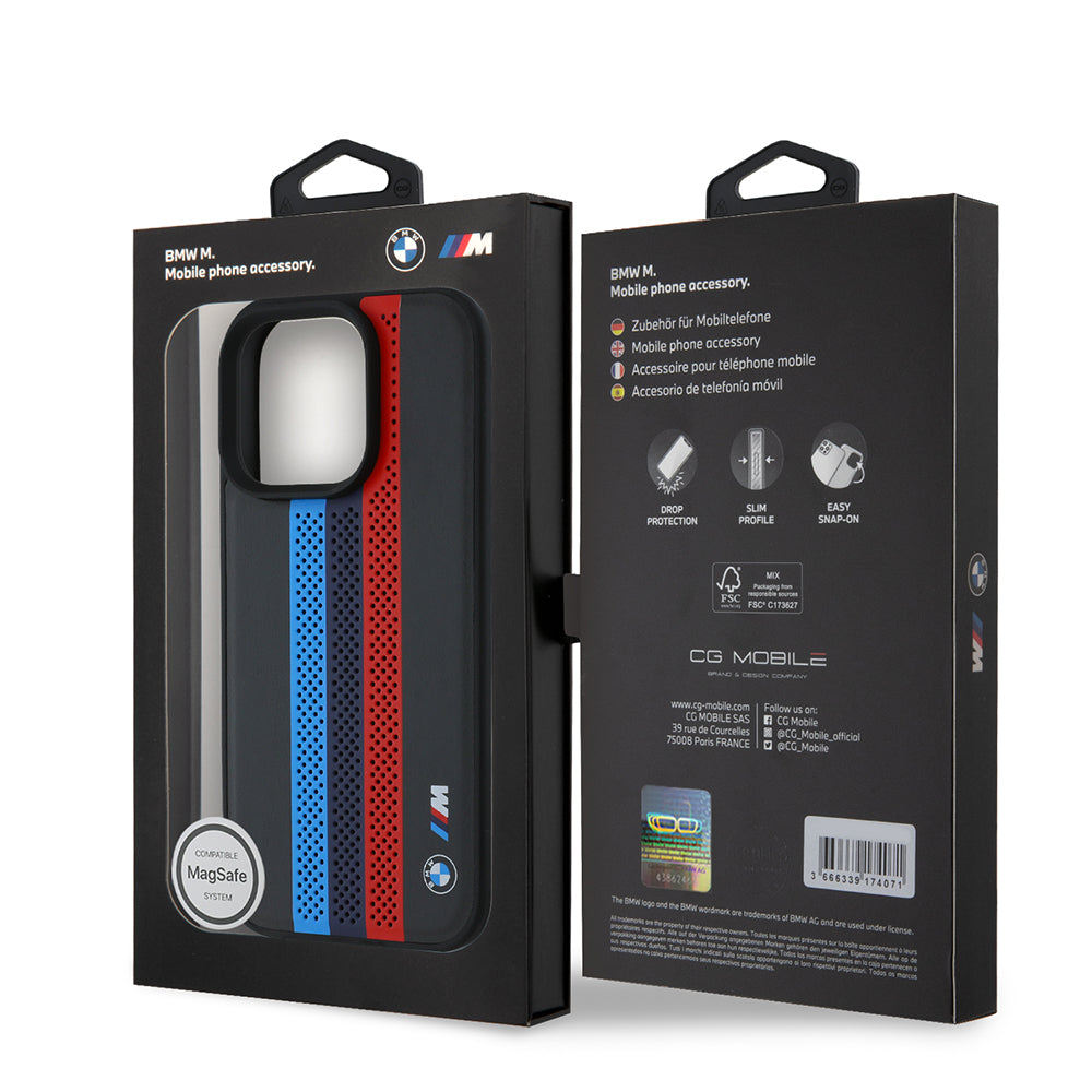 Funda MagSafe para Apple iPhone 16 Pro Max, BMW, Perforated M Perf. Tricolor Stripers, Negra