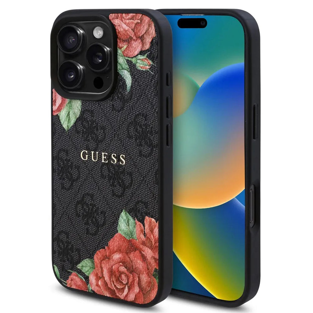 Funda MagSafe para Apple iPhone 16 Pro Max, Guess, 4G Flowers Print, Negra
