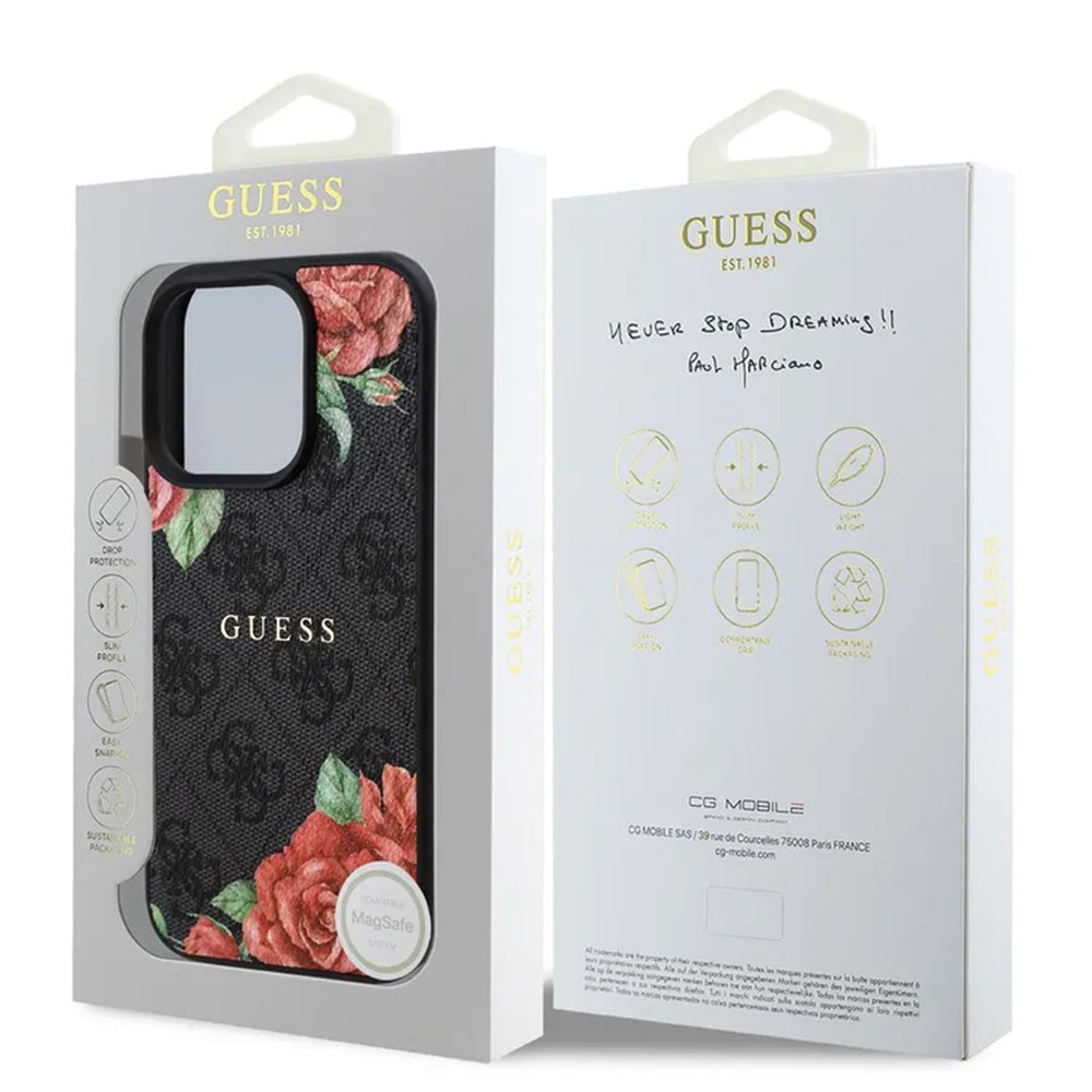 Funda MagSafe para Apple iPhone 16 Pro Max, Guess, 4G Flowers Print, Negra