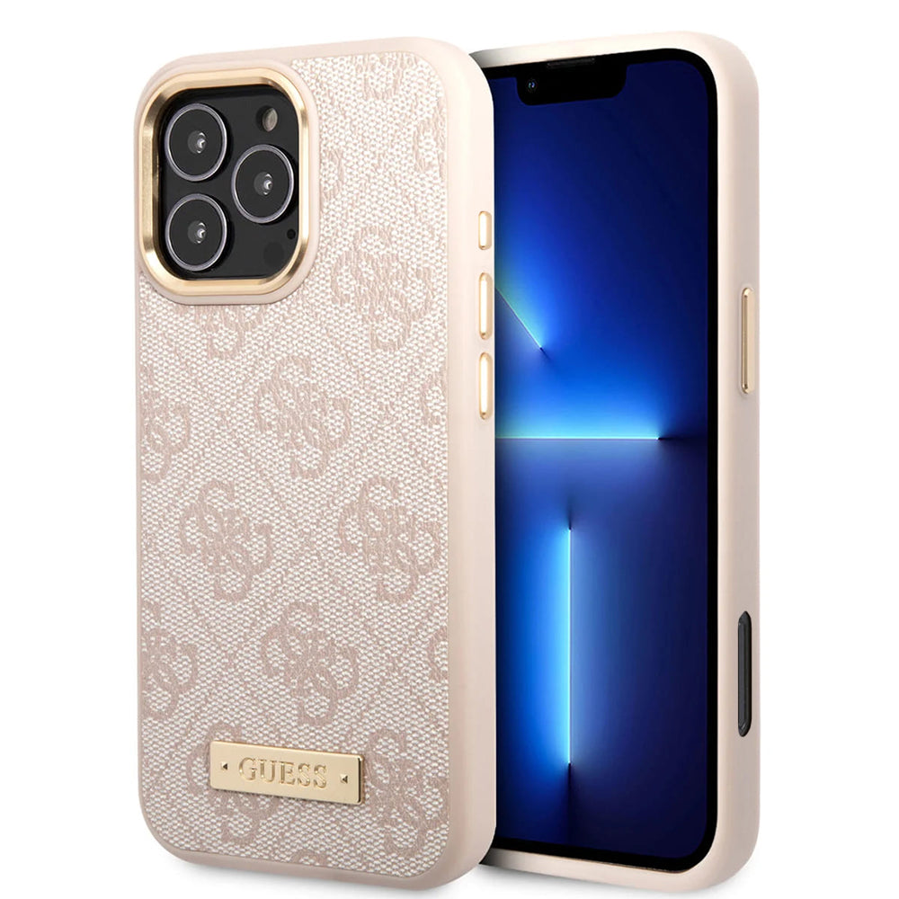 Funda MagSafe para Apple iPhone 16 Pro Max, Guess, 4G Logo Plate, Rosa