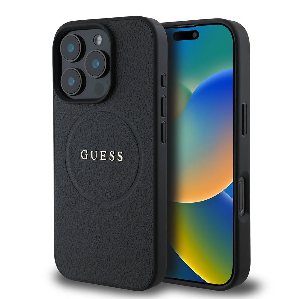 Funda MagSafe para Apple iPhone 16 Pro Max, Guess, Grained Gold Ring, Negra