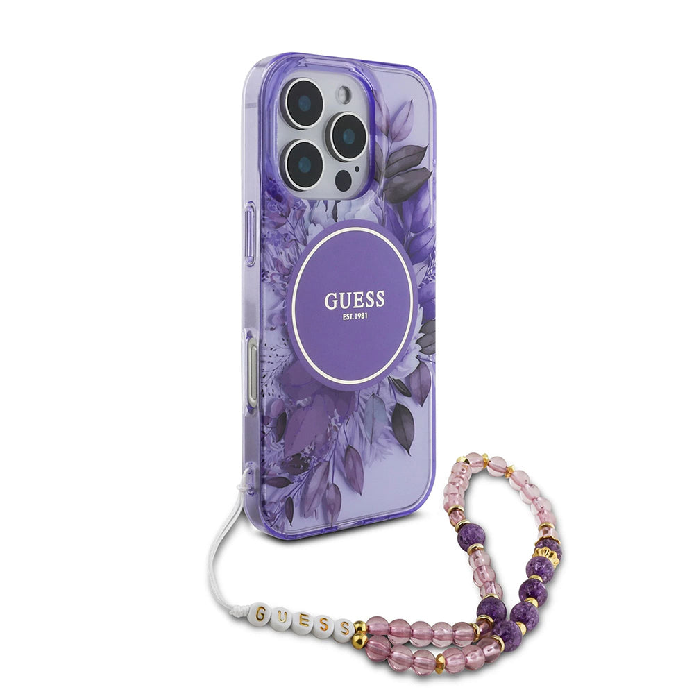Funda MagSafe para Apple iPhone 16 Pro Max, Guess, IML Flowers with Pearl Strap, Morado