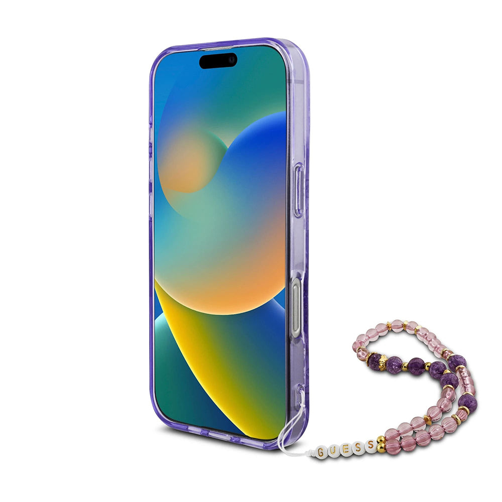 Funda MagSafe para Apple iPhone 16 Pro Max, Guess, IML Flowers with Pearl Strap, Morado