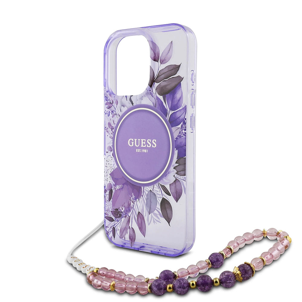 Funda MagSafe para Apple iPhone 16 Pro Max, Guess, IML Flowers with Pearl Strap, Morado