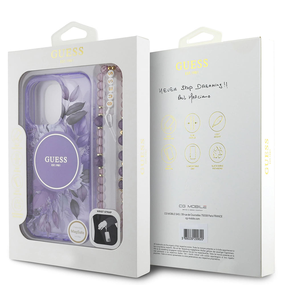 Funda MagSafe para Apple iPhone 16 Pro Max, Guess, IML Flowers with Pearl Strap, Morado