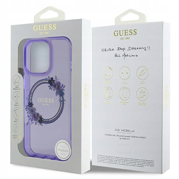 Funda MagSafe para Apple iPhone 16 Pro Max, Guess, IML Flowers Wreath, Morado