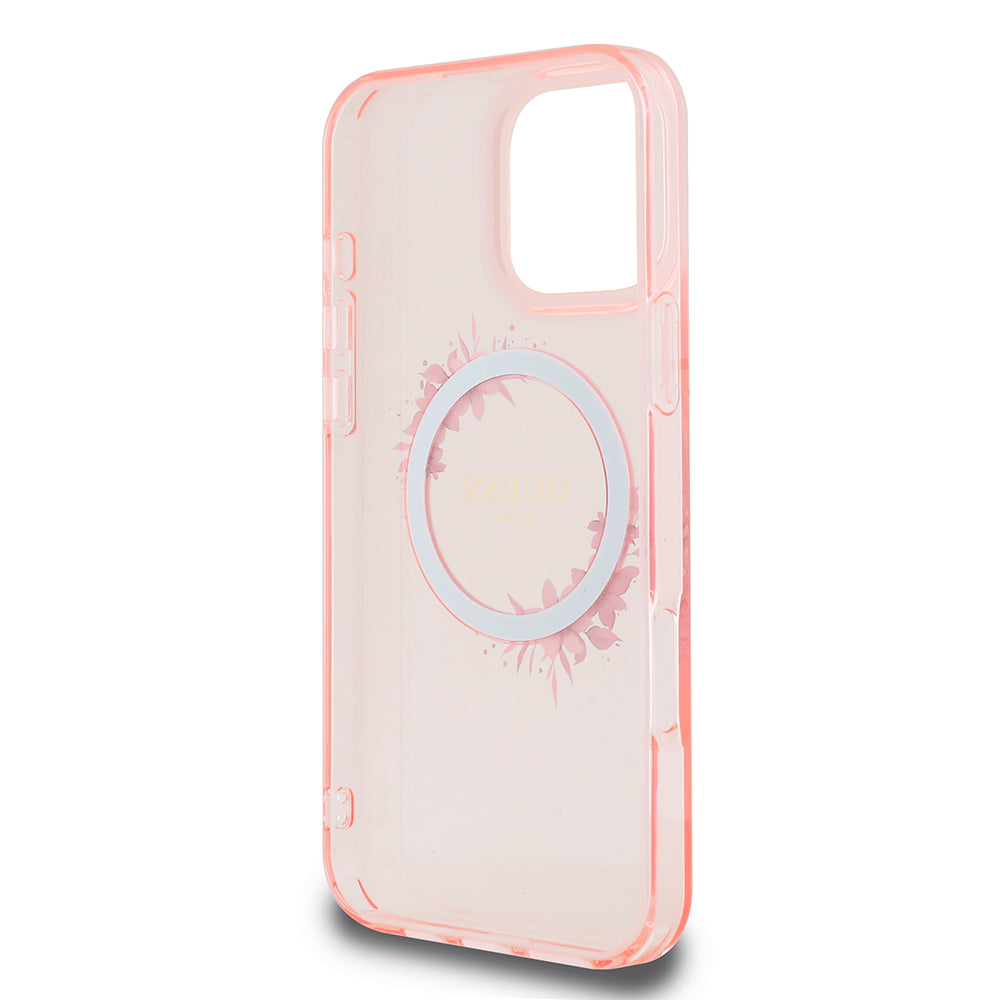 Funda MagSafe para Apple iPhone 16 Pro Max, Guess, IML Flowers Wreath, Rosa