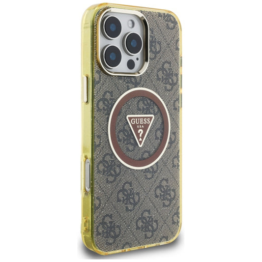 Funda MagSafe para Apple iPhone 16 Pro Max, Guess, IML Glitter 4G Circle Triangle, Marrón
