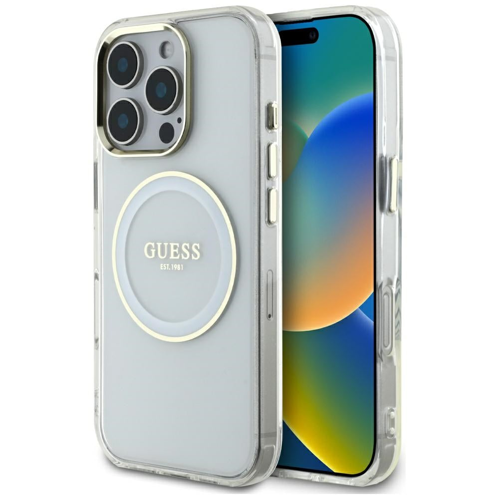 Funda MagSafe para Apple iPhone 16 Pro Max, Guess, IML Metal Colored Circle, Blanca