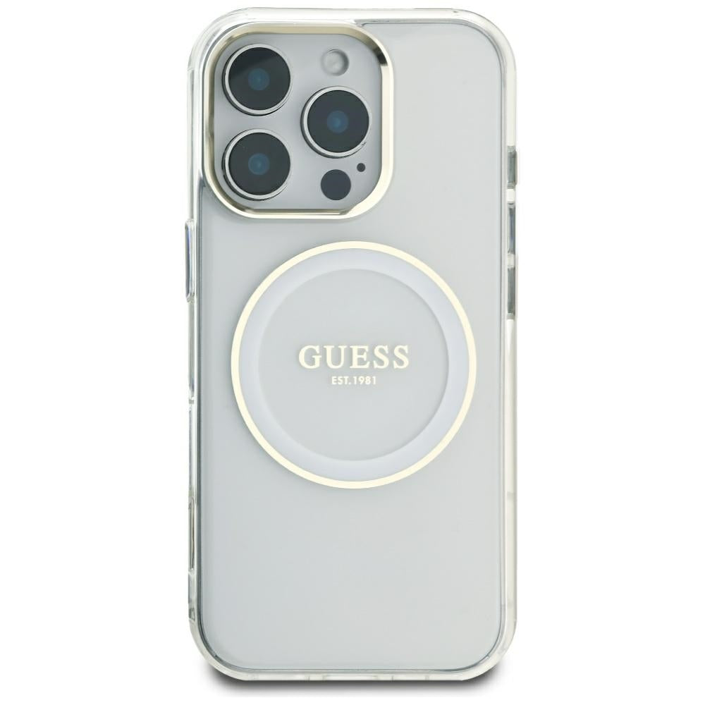 Funda MagSafe para Apple iPhone 16 Pro Max, Guess, IML Metal Colored Circle, Blanca