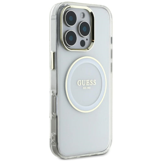 Funda MagSafe para Apple iPhone 16 Pro Max, Guess, IML Metal Colored Circle, Blanca